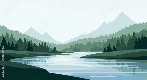 Serene mountain landscape with a reflective river winding through evergreen forests
