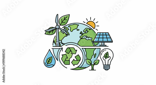 Planet Earth with renewable energy symbols sun, wind, solar, water drop, bulb, recycle