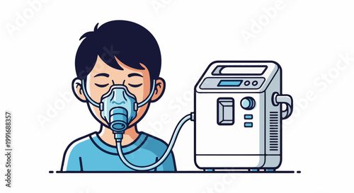 Person with oxygen mask connected to a medical machine, cartoon style