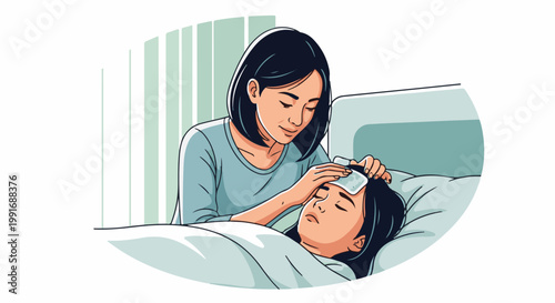 Caring mother applies cool compress to sick child's forehead in bed