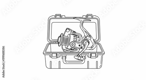 Fishing reel displayed open inside protective storage case