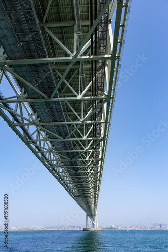 淡路島側の明石海峡大橋を下から眺める