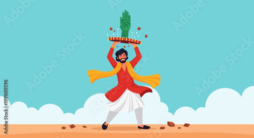 Illustration of an Indian man performing a traditional cultural dance.