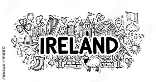 Ireland doodle art featuring iconic symbols and landmarks