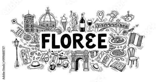 Florence italy sketch: duomo, ponte vecchio, italian cuisine, cultural icons, landmarks