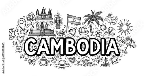 Cambodia travel doodle: temples, culture, and nature icons in black and white