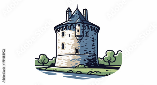 Stylized stone tower with conical roof, surrounded by greenery and water