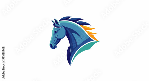 Stylized profile of a blue horse with a flowing mane of orange and teal