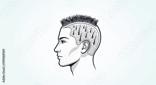Stylized profile of a person's head showing hair growth patterns