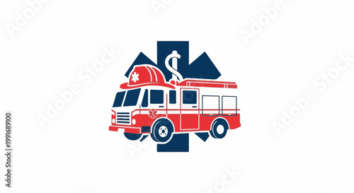 Stylized red fire truck with a helmet and medical symbol on white background