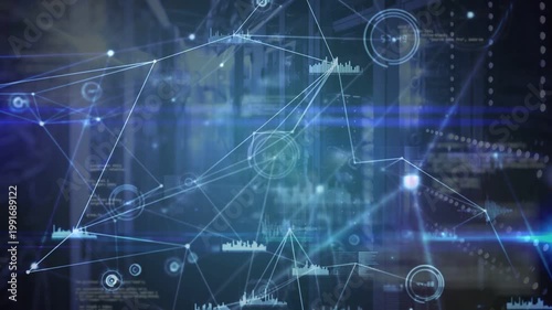 Tech scan starting network HUD overlay rising over server racks forming polygons and pulsing nodes