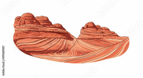 Stylized red rock formation with layered curves and peaks