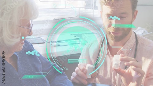 Doctor reaching for pill bottle, holding, showing dose while green holo labeling for medical use