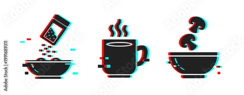 Salt shaker sprinkling, hot mug, mushrooms falling into bowl on white. Glitch effect
