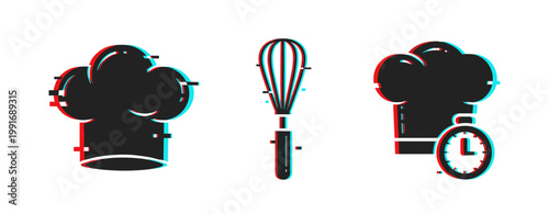 Chef tools and hat icons showing mixing and timed cooking in kitchen. Glitch effect