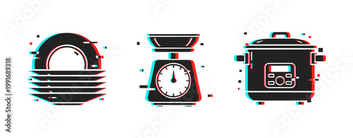 Kitchen utensil icons showing stacked plates scale and rice cooker. Glitch effect
