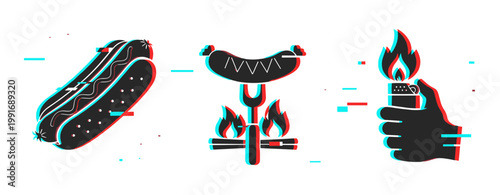 Hot dog sausage grilling with lighter and campfire icons on white. Glitch effect