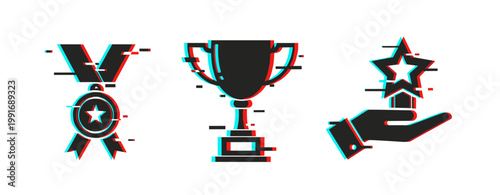 Medal trophy and award icons showing glitch effect on white. Glitch effect
