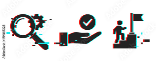 Magnifying glass searching, hand presenting check, person reaching flag. Glitch effect