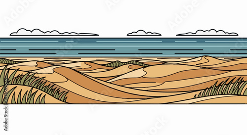 Stylized sand dunes and ocean under a cloudy sky