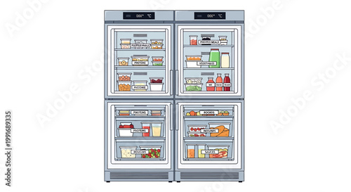 Large four door refrigerator interior.