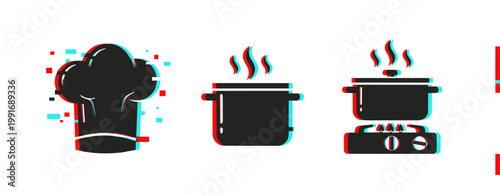 Chef hat with steaming cooking pots and stove icons on white. Glitch effect