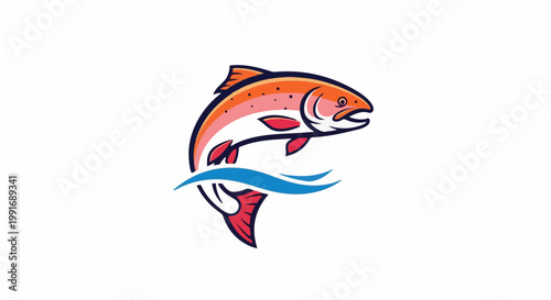 Stylized salmon leaping over blue waves, dynamic pose