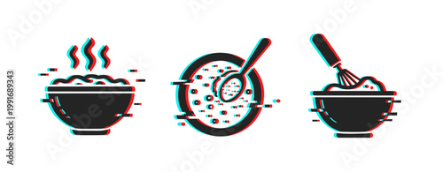Food icons showing bowls cereal and mixing utensil set. Glitch effect