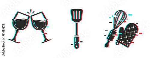 Kitchen icons showing drinkware, utensils and baking tools on white. Glitch effect