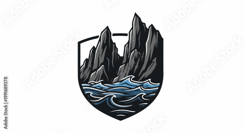 Stylized shield with jagged rocks above crashing ocean waves