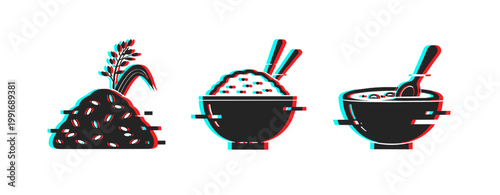 Rice and bowl icons depicting grains, chopsticks and soup bowl set. Glitch effect