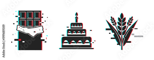 Chocolate bar and birthday cake with wheat sheaf icons. Glitch effect