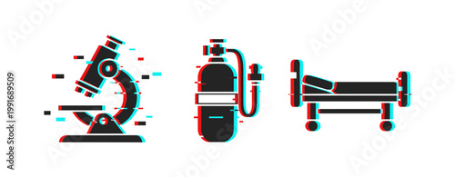 Microscope oxygen cylinder and stretcher icons glitched on white. Glitch effect
