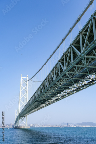 淡路島側の明石海峡大橋を下から眺める