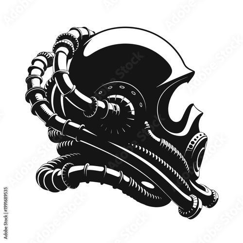 Steampunk gas mask, industrial helmet, black vector illustration, sci-fi gear