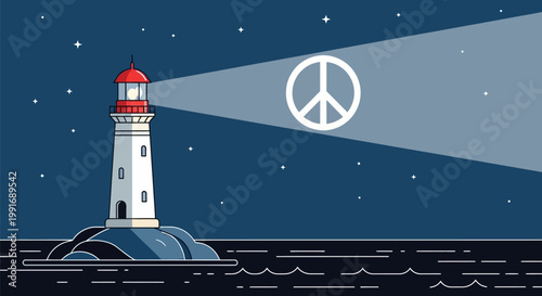 A vector illustration of a lighthouse projecting a glowing peace symbol into the night sky.