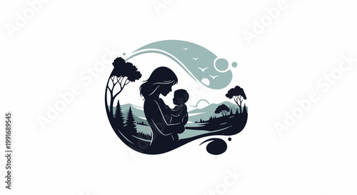 Stylized silhouette of a mother holding a baby amidst a serene landscape