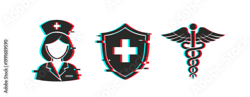 Nurse and medical symbols with glitch effect on white background. Glitch effect
