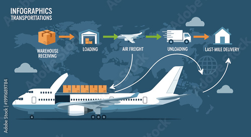 Logistics and Transportation Infographic Depicting Global Delivery Process.