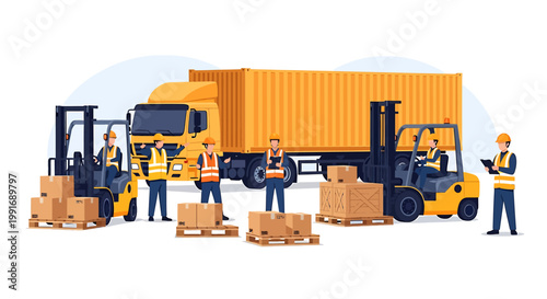 Logistics and Transportation - Workers Loading Cargo onto Trucks and Forklifts.