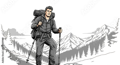 Man hiking with trekking poles outdoors.