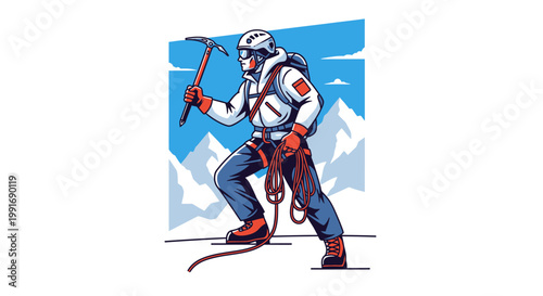 Man in climbing gear holding ice axe.