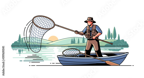 Man in boat holding fishing net.