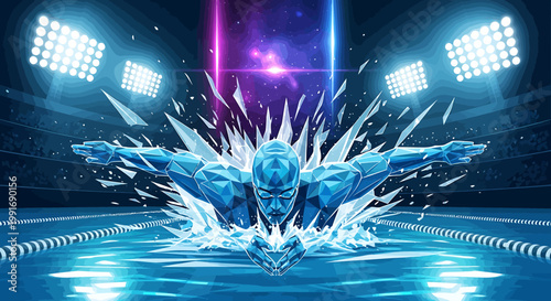 Male swimmer in blue cap swimming.