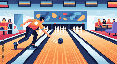 Man playing bowling in recreation center.