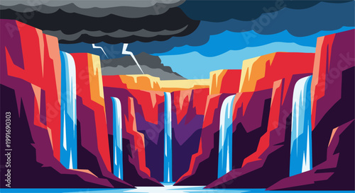 Stylized pixel art of cascading waterfalls during a thunderstorm with lightning