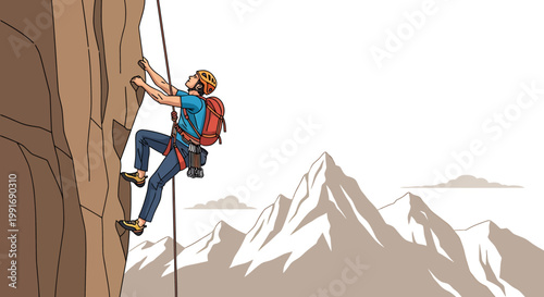 Man climbing steep rocky mountain side.
