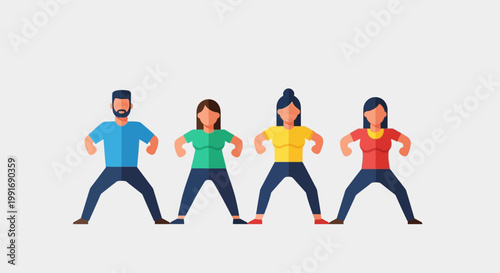 Diverse group of young people performing squat exercises together in a fitness class.