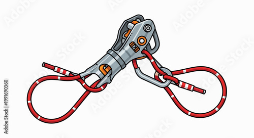 Metal climbing carabiner with red rope.