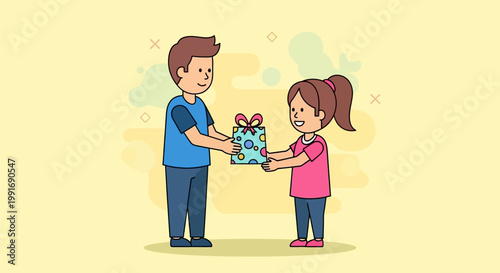 A young boy giving a colorful wrapped birthday gift to a happy little girl.